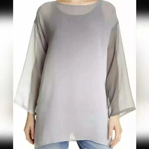 NWT Eileen Fisher 100% Silk Gray Lose Fit Watercolor Sheer Top in Size Small